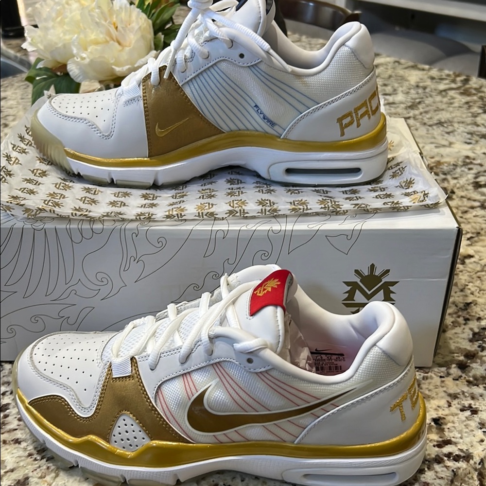 MANNY PACQUIAO #4 Nike White and Gold Athletic Shoes